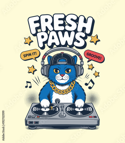Cool Blue Cat DJ Character Illustration with Fresh Paws Text Playing Music on Turntables Wearing Headphones and Gold Chain in Street Style Design