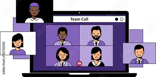 Computer screen displaying group video conference call with diverse business team members for remote meeting