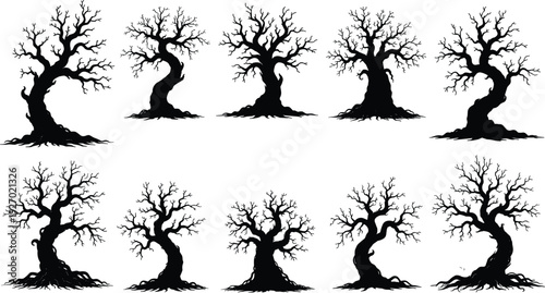 Bare tree silhouettes collection, twisted leafless trees with branches, dark nature fantasy concept, spooky forest illustration, black botanical design set