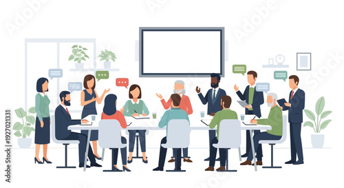 Diverse group of professionals collaborating in a modern office meeting room.
