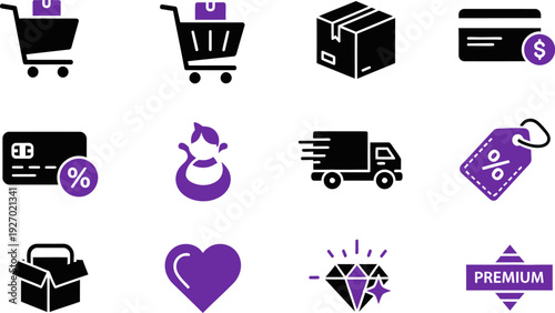 Set of e-commerce and shopping icons including shopping cart, package, credit card, delivery truck, and discount tag