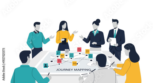 Diverse team collaborates on journey mapping strategy at table.