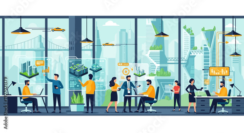 Diverse team collaborating in modern office environment.