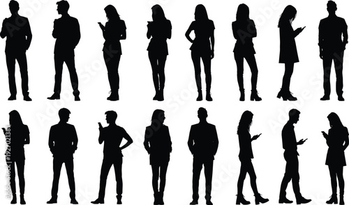 Business people silhouette collection using smartphones, men and women standing and walking, mobile communication, technology and modern work concepts