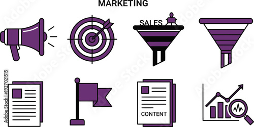 Marketing concepts with icons like megaphone target sales funnel and content paper