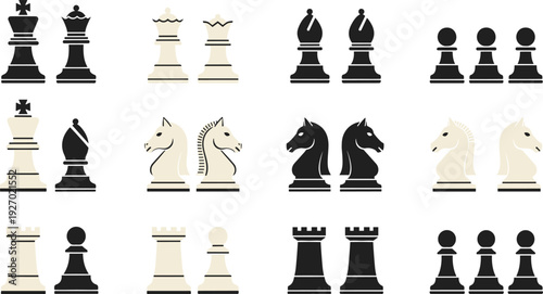 Chess pieces set black and white king queen rook bishop knight pawn silhouettes vector illustration