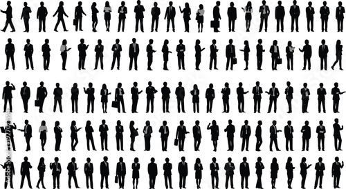 Business people silhouettes collection with men and women in professional poses, black corporate human figures set isolated on white background