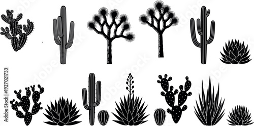 Collection of cactus silhouette icons including saguaro, prickly pear, agave, and desert succulent plants for western nature, southwest decor, and botanical.