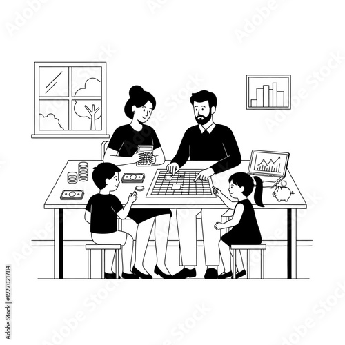 Family playing board game, learning finance, budgeting, and money management together