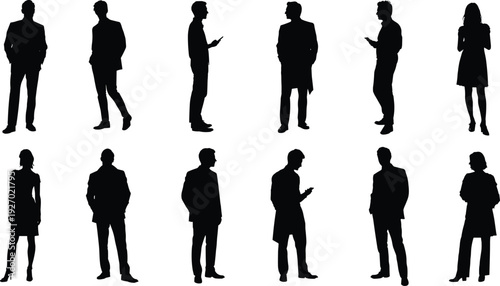 Business people silhouettes collection, men and women standing poses, professional office workers, corporate communication concept, modern human figures illustration