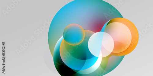 Abstract circles overlap, creating vibrant color blends. Soft gradients suggest light, depth, movement. Minimalist design on dark background.