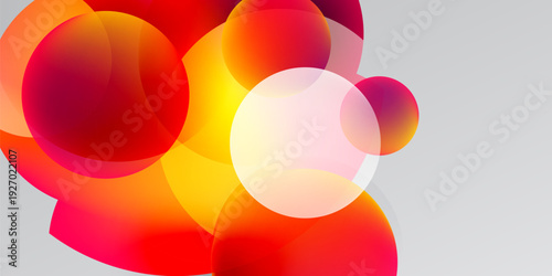 Abstract composition featuring overlapping colorful circles. Warm hues dominate, transitioning from red to yellow. Background is dark, creating contrast.