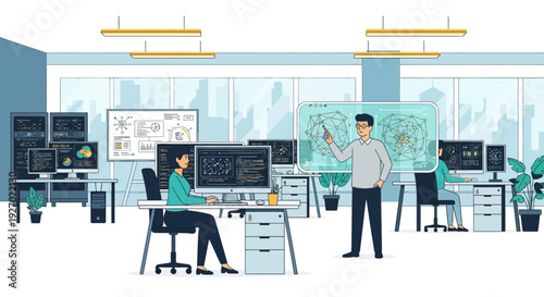 Diverse team collaborating in modern office environment.