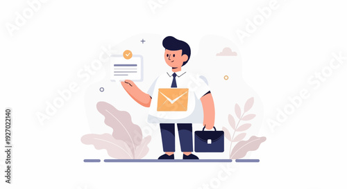 A man in a suit holds a certificate and a briefcase, with an envelope on his shirt