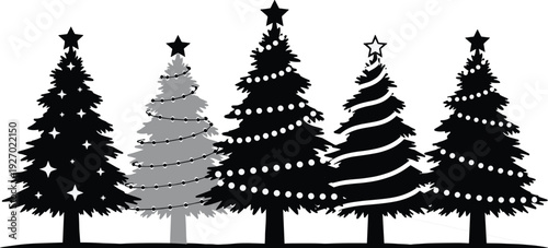 Christmas tree silhouettes collection with decorated fir trees stars and garlands, black festive winter holiday illustration isolated on white