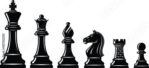 Chess pieces silhouette collection with king queen bishop knight rook and pawn, black strategy game icons for leadership concepts