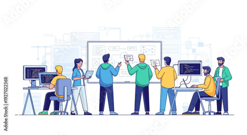 Diverse group of people collaborating in a modern tech office setting.