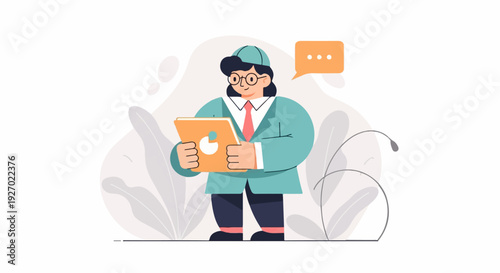 Person in a teal jacket, red tie, and cap looks at a tablet, with a speech bubble