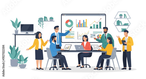 Diverse team collaborating in a modern office meeting.