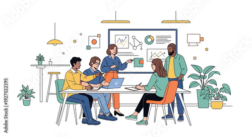 Diverse team collaborating in modern office meeting.