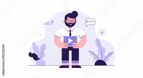 A stylized cartoon man with a beard and glasses holds a tablet with a play button