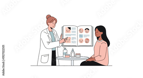 Doctor explaining skin conditions to patient with visual aids.