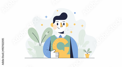 Cheerful person with a large letter G, surrounded by plants and stars