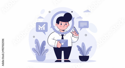 Business professional engaged in cyclical process, holding tablet, pen, and envelope