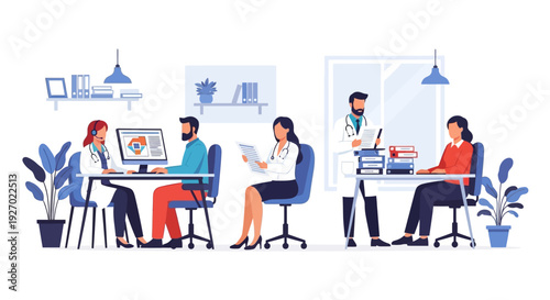 Doctors and nurses working in a modern clinic office.