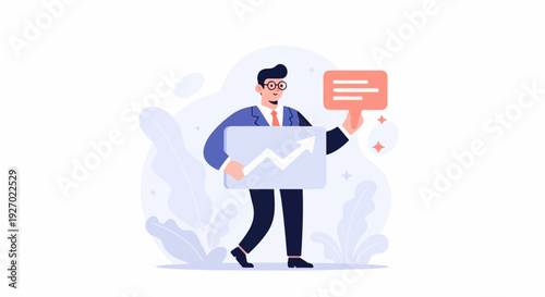 Confident businessman in suit presents upward trending graph and speech bubble