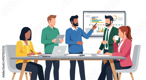 Diverse business team collaborating in a modern office meeting.