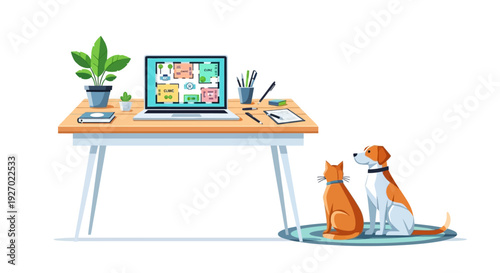 Dog and Cat Watching Laptop Screen Together.