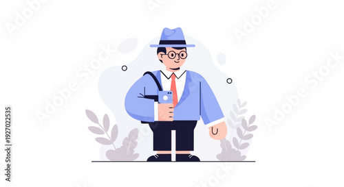 A stylized, smiling man in a blue suit, hat, and tie, holding a phone