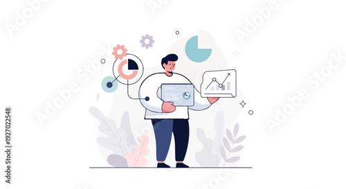 A man holds a tablet displaying graphs and charts, surrounded by abstract data visualization elements