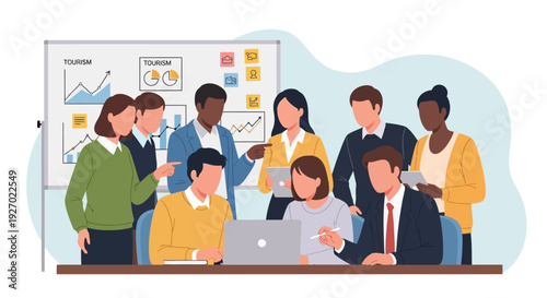 Diverse team collaborating in a modern office meeting.