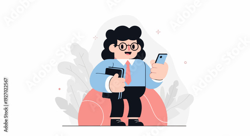 Person in formal attire sits on a pink cushion, holding a phone and a book, with plants in background