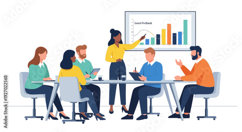 Diverse team collaborating in a modern office meeting.