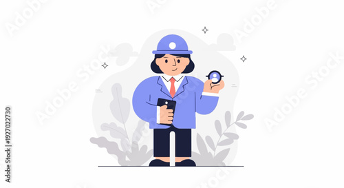 Professional woman in blue jacket, holding phone and magnifying glass, with stylized plants