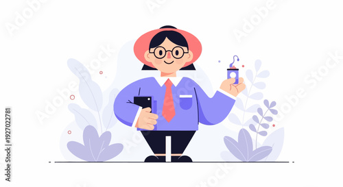 Stylized person in a hat and glasses holds a phone and a drink