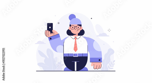 Stylized illustration of a person in business attire holding a mobile device