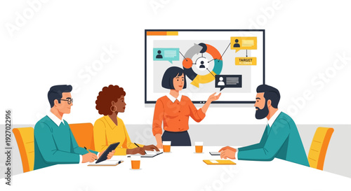 Diverse team collaborating in a modern office meeting.