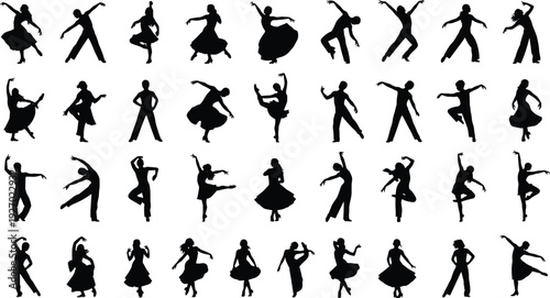 Dance silhouettes collection with male and female dancers in dynamic poses, black artistic movement figures isolated on white background