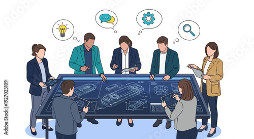 Diverse team collaborating around a futuristic interactive table.