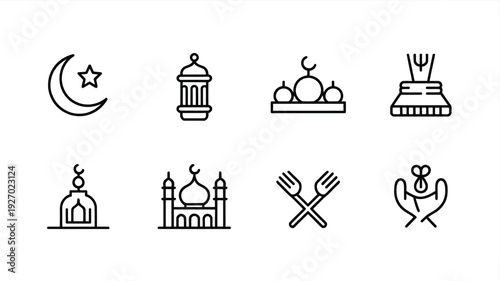 Ramadan special line icon set featuring crescent moon, lantern, prayer and global Islamic celebration symbols