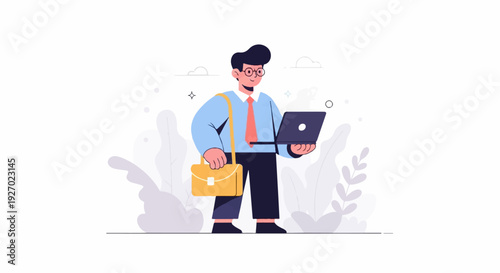 A man in business attire holds a laptop and briefcase amidst abstract foliage