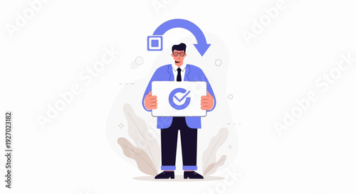 Person holding board with checkmark, arrow looping from square