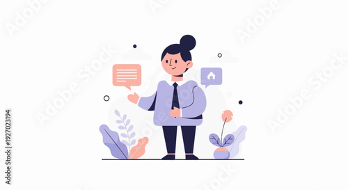 Flat illustration of a person in formal wear, gesturing, with speech bubbles and plants