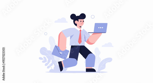 Energetic person rushes with briefcase and laptop, surrounded by abstract leaves and clouds