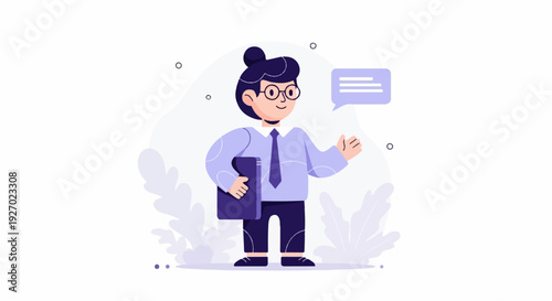 Illustrated person in business attire holding a folder, with speech bubble