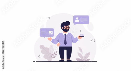 Stylized businessperson with beard, glasses, and tie, holding a tablet and gesturing towards speech bubbles